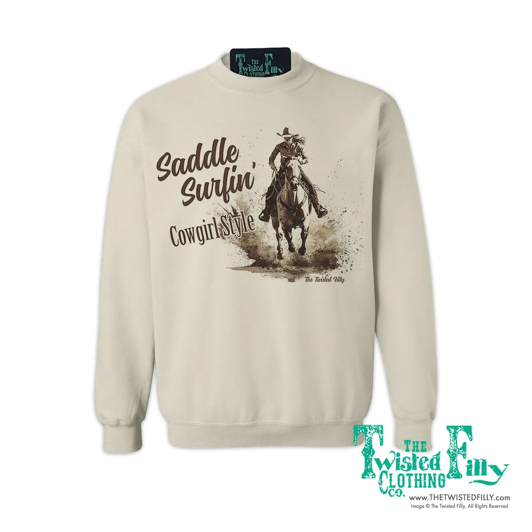 Saddle Surfin' Cowgirl Style - Adult Womens Sweatshirt - Assorted Colors