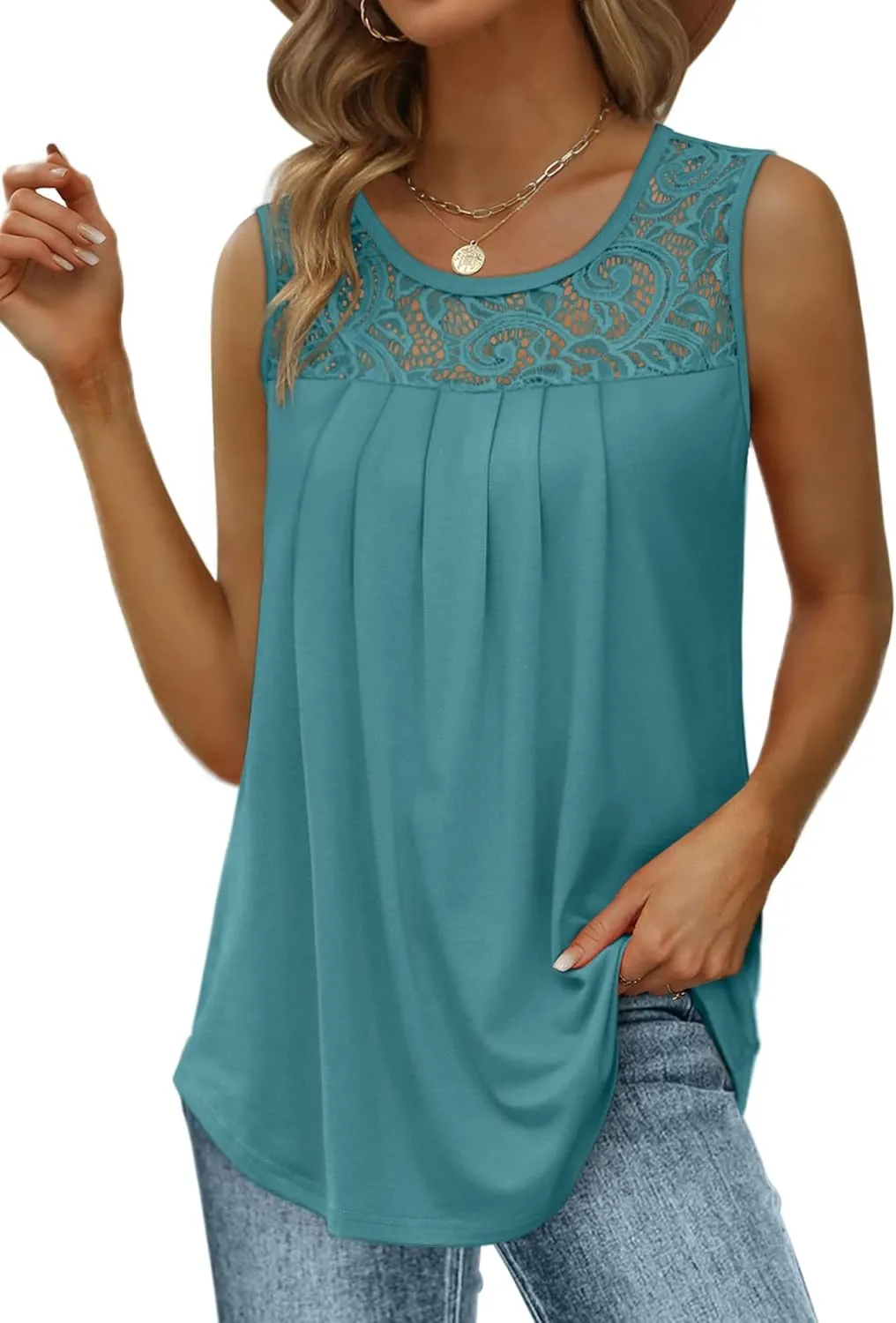 Saloogoe Summer Tank Tops for Women Loose Fit Pleated Tunics Scoop Neck Sleeveless Lace Tops Curved Hem Flowy