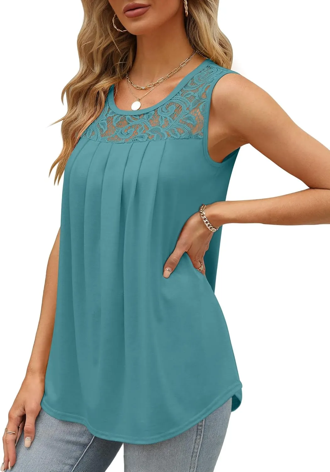 Saloogoe Summer Tank Tops for Women Loose Fit Pleated Tunics Scoop Neck Sleeveless Lace Tops Curved Hem Flowy