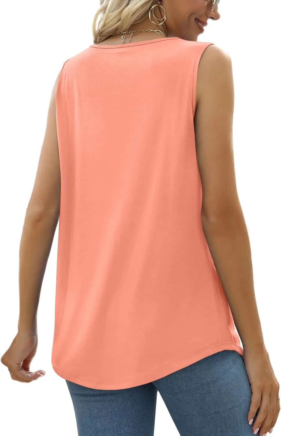Saloogoe Summer Tank Tops for Women Loose Fit Pleated Tunics Scoop Neck Sleeveless Lace Tops Curved Hem Flowy