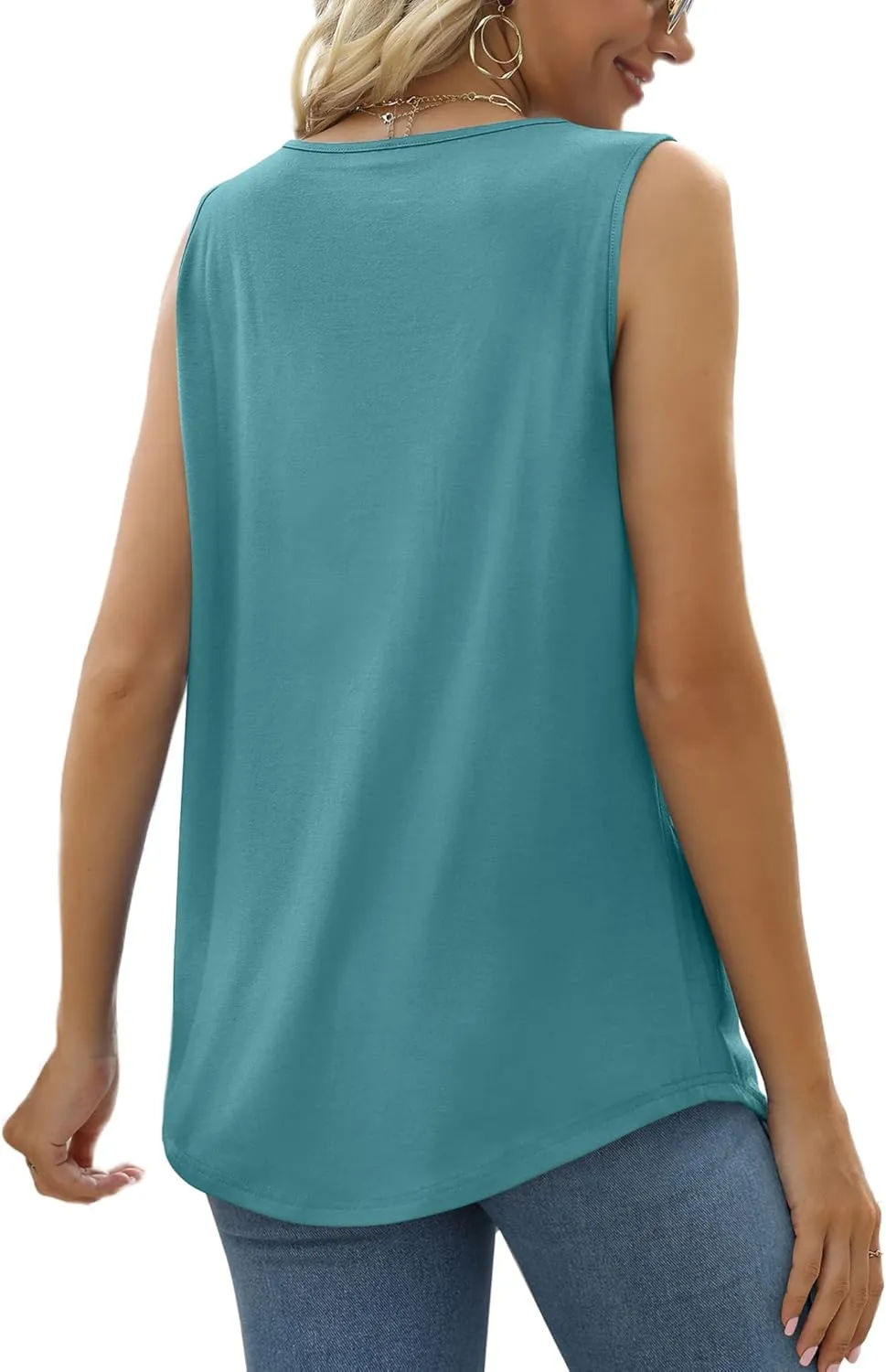 Saloogoe Summer Tank Tops for Women Loose Fit Pleated Tunics Scoop Neck Sleeveless Lace Tops Curved Hem Flowy