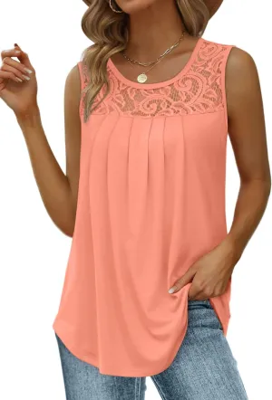 Saloogoe Summer Tank Tops for Women Loose Fit Pleated Tunics Scoop Neck Sleeveless Lace Tops Curved Hem Flowy