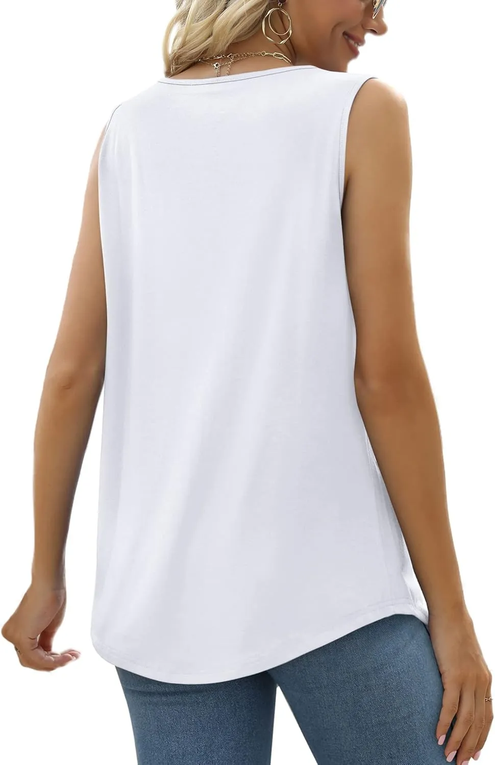Saloogoe Summer Tank Tops for Women Loose Fit Pleated Tunics Scoop Neck Sleeveless Lace Tops Curved Hem Flowy