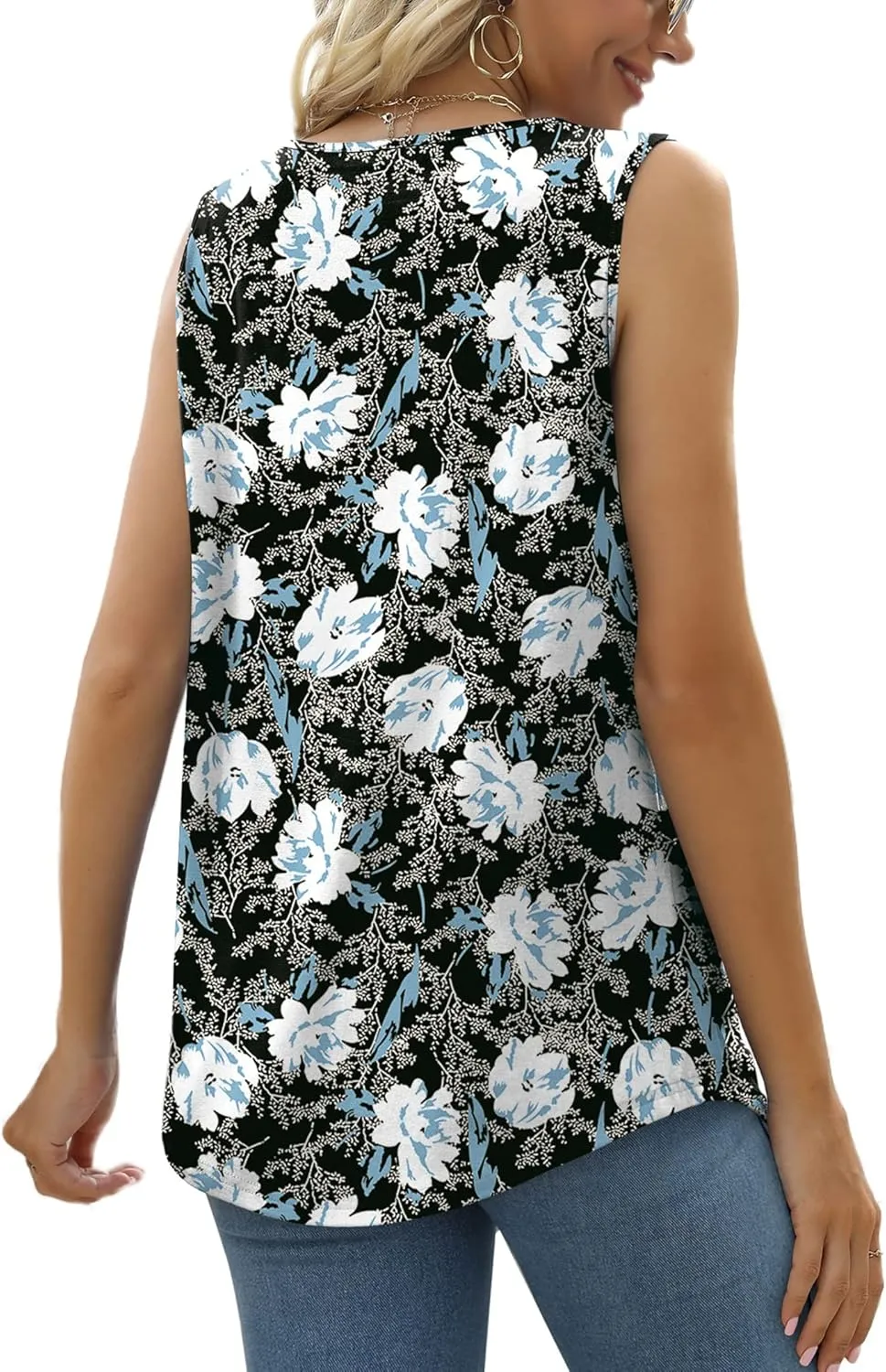 Saloogoe Summer Tank Tops for Women Loose Fit Pleated Tunics Scoop Neck Sleeveless Lace Tops Curved Hem Flowy