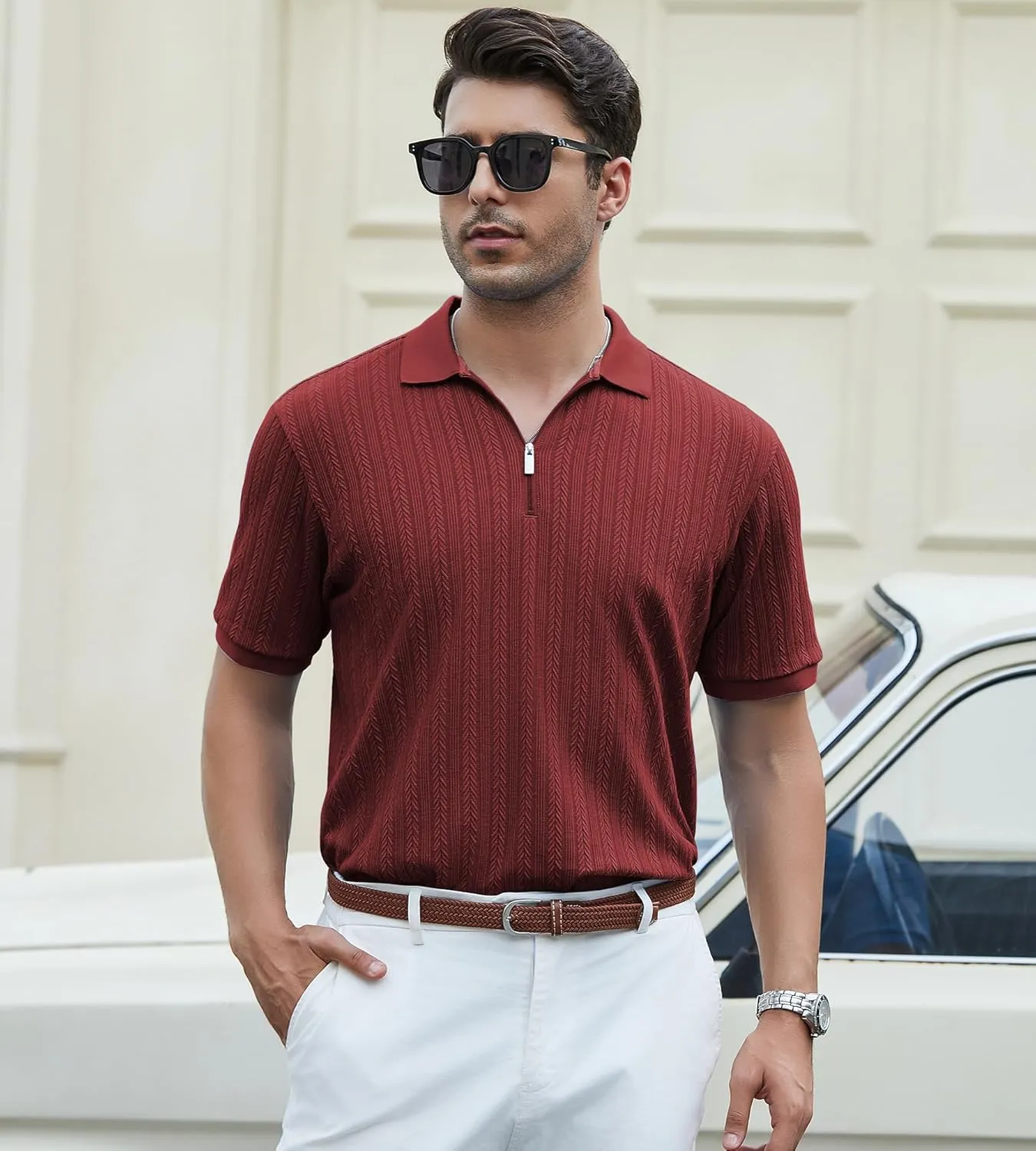 SAMERM Mens Zipper Polo Shirts Short Sleeve Casual Fashion Stylish Knit Polo T Shirt for Men