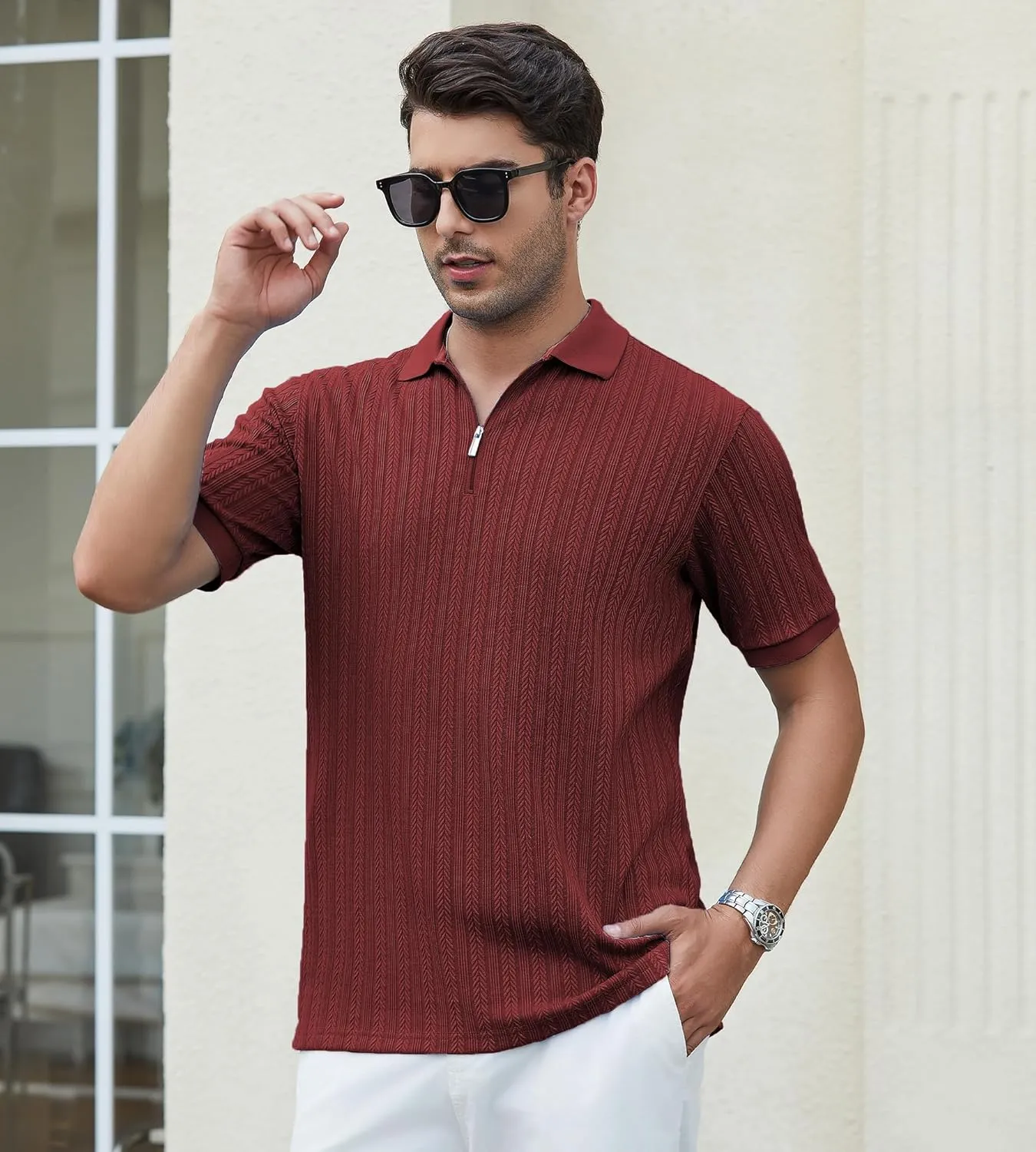 SAMERM Mens Zipper Polo Shirts Short Sleeve Casual Fashion Stylish Knit Polo T Shirt for Men