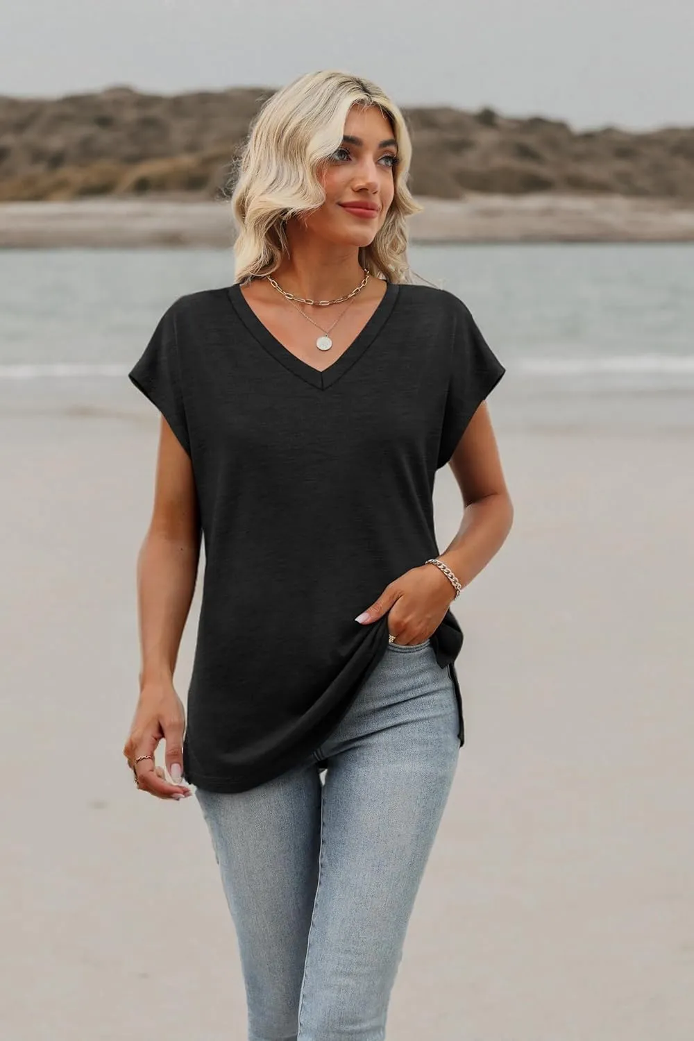 SAMPEEL Womens Summer Tops 2025 Cap Sleeve Trendy Tank Tops V Neck Loose Fit Shirts