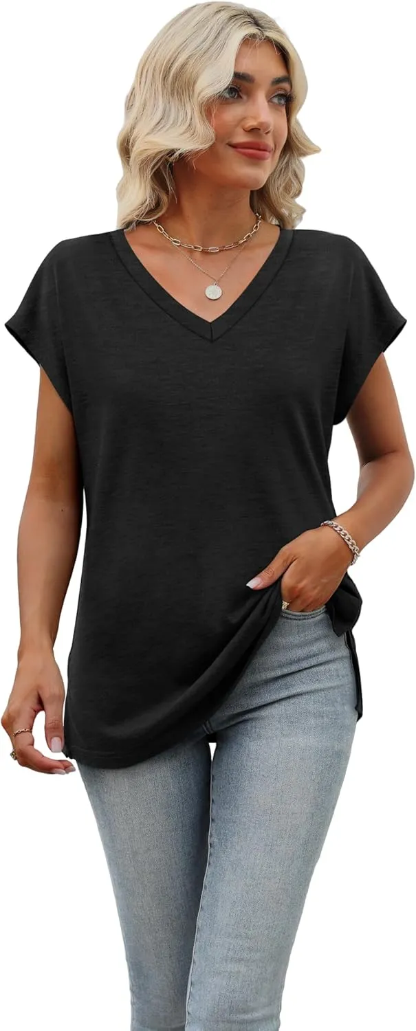 SAMPEEL Womens Summer Tops 2025 Cap Sleeve Trendy Tank Tops V Neck Loose Fit Shirts