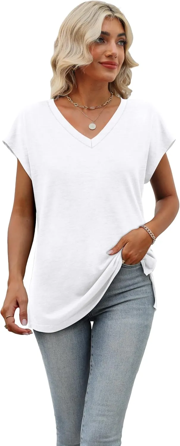 SAMPEEL Womens Summer Tops 2025 Cap Sleeve Trendy Tank Tops V Neck Loose Fit Shirts