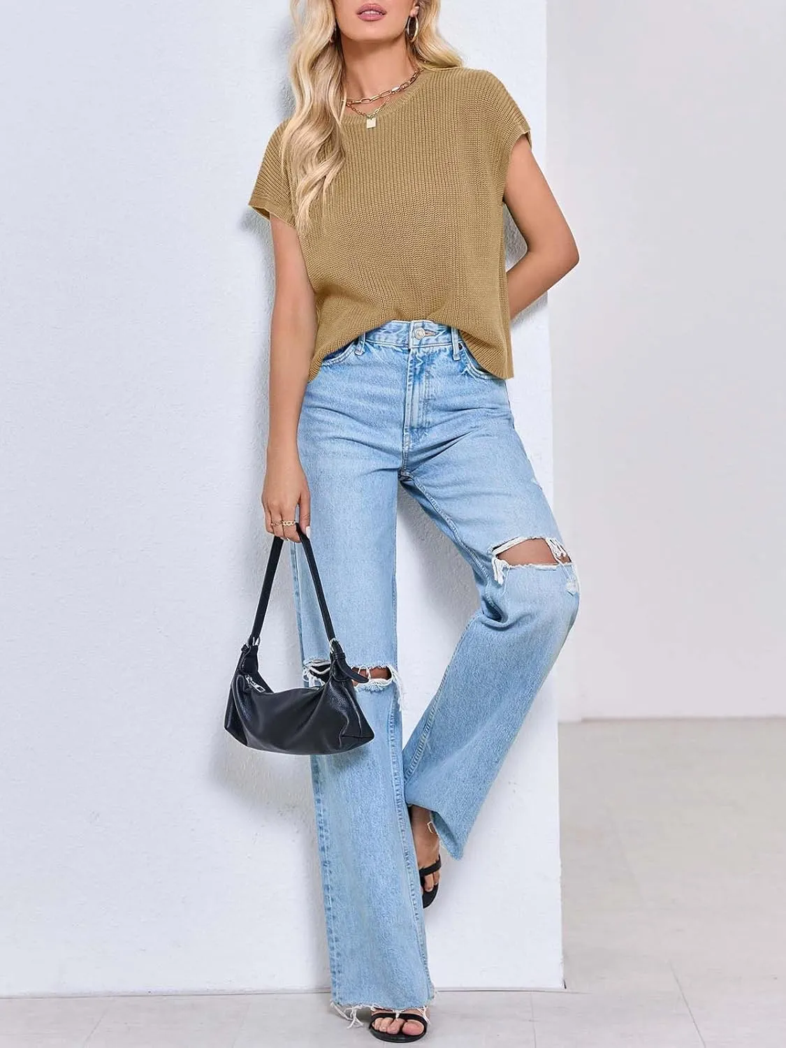 Saodimallsu Womens Cap Sleeve Crop Tops Summer Trendy Going Out Crew Neck Loose Knit Cropped Sweater Vest Tank Top
