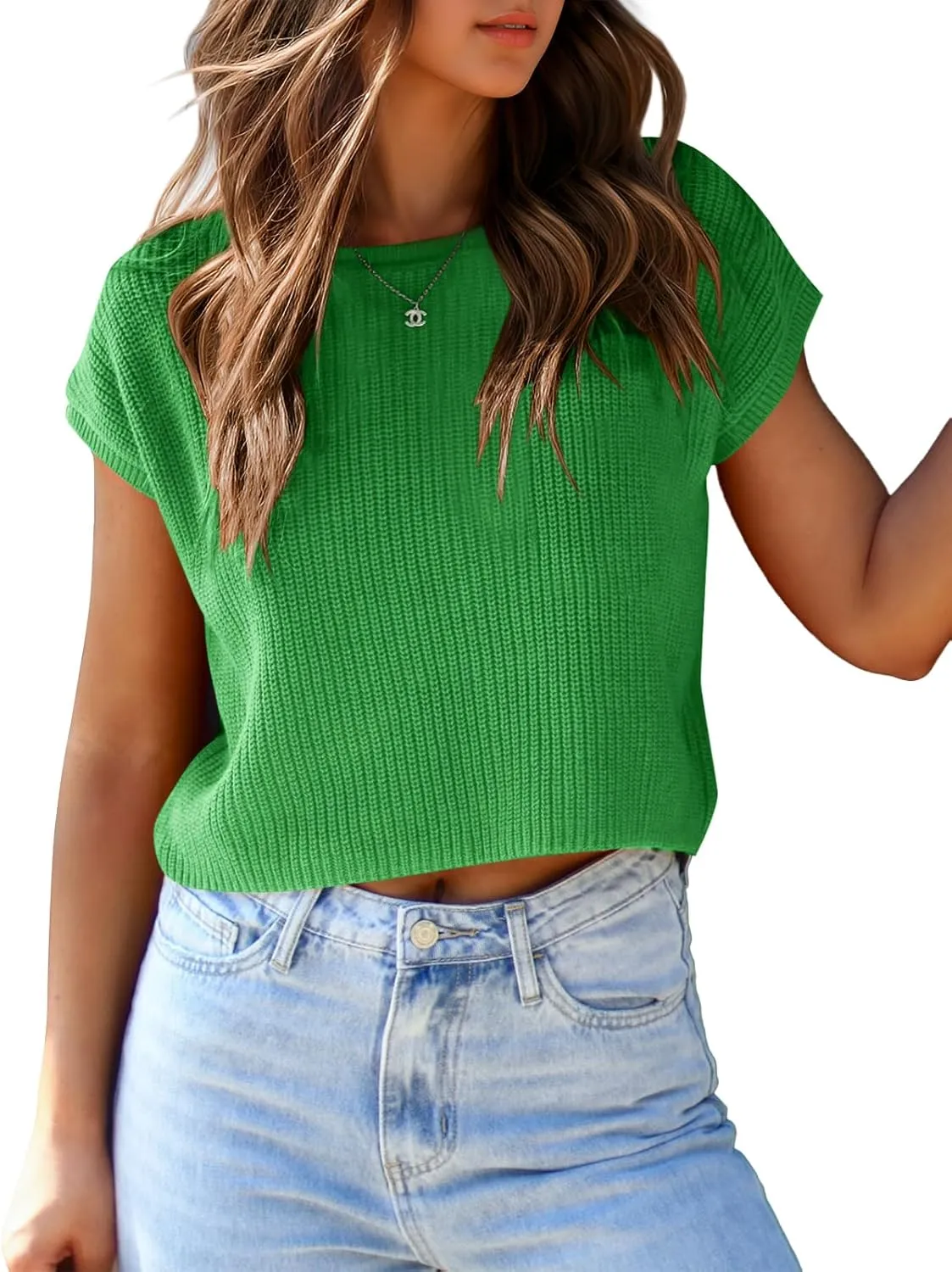 Saodimallsu Womens Cap Sleeve Crop Tops Summer Trendy Going Out Crew Neck Loose Knit Cropped Sweater Vest Tank Top