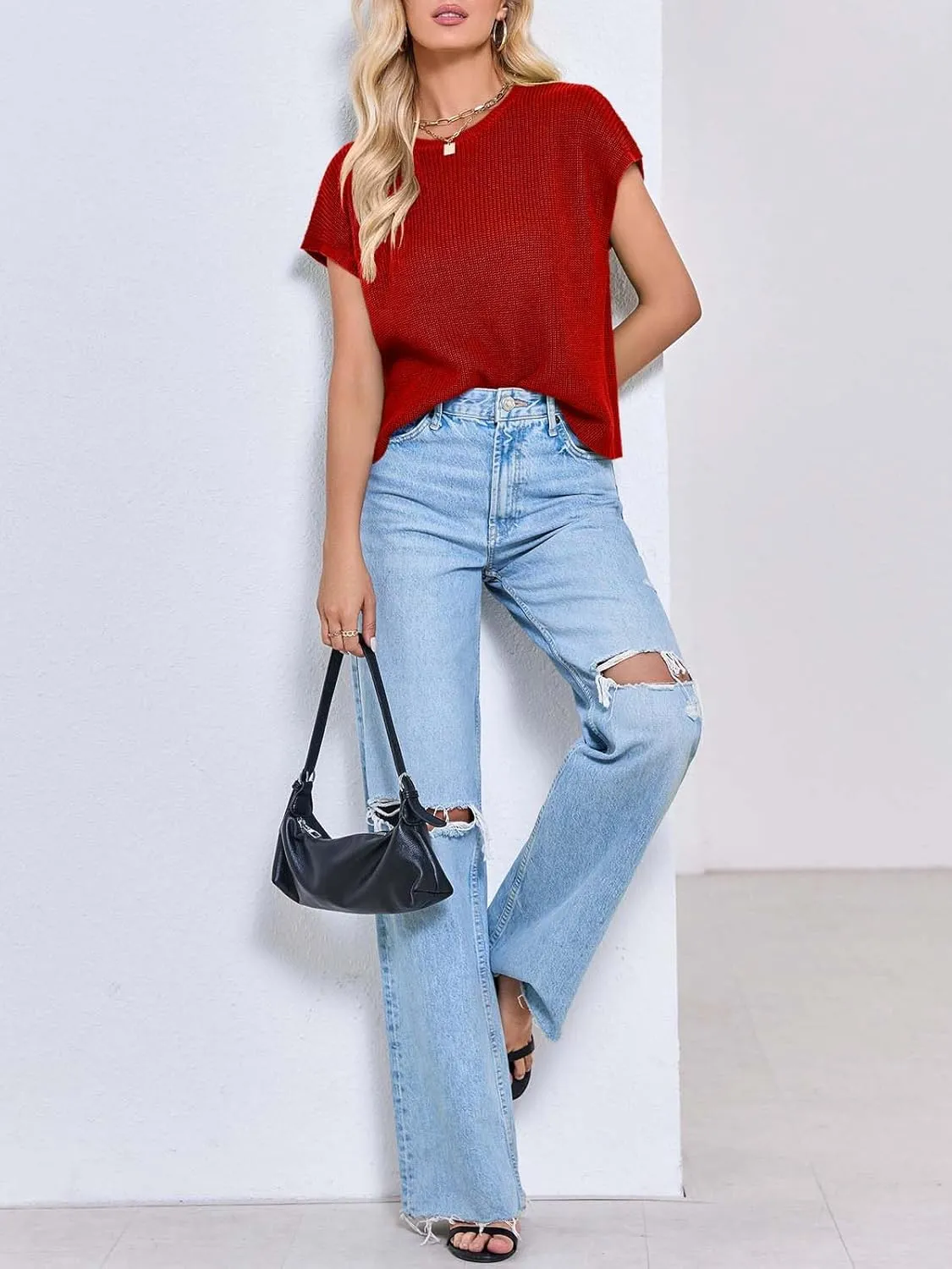Saodimallsu Womens Cap Sleeve Crop Tops Summer Trendy Going Out Crew Neck Loose Knit Cropped Sweater Vest Tank Top