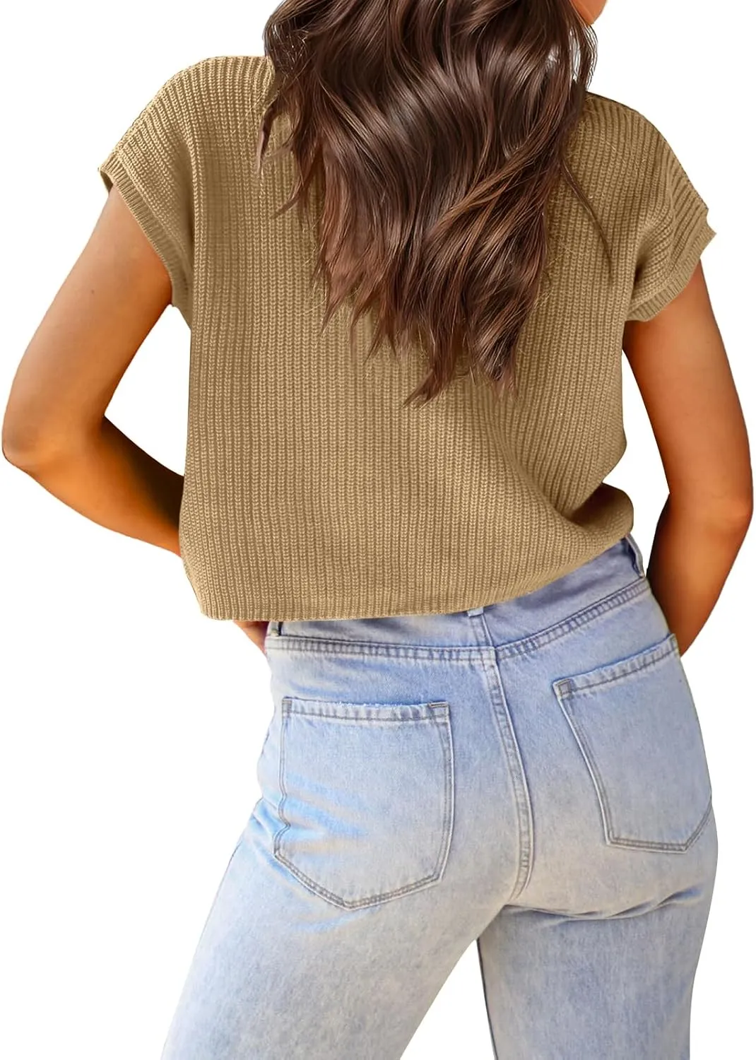 Saodimallsu Womens Cap Sleeve Crop Tops Summer Trendy Going Out Crew Neck Loose Knit Cropped Sweater Vest Tank Top