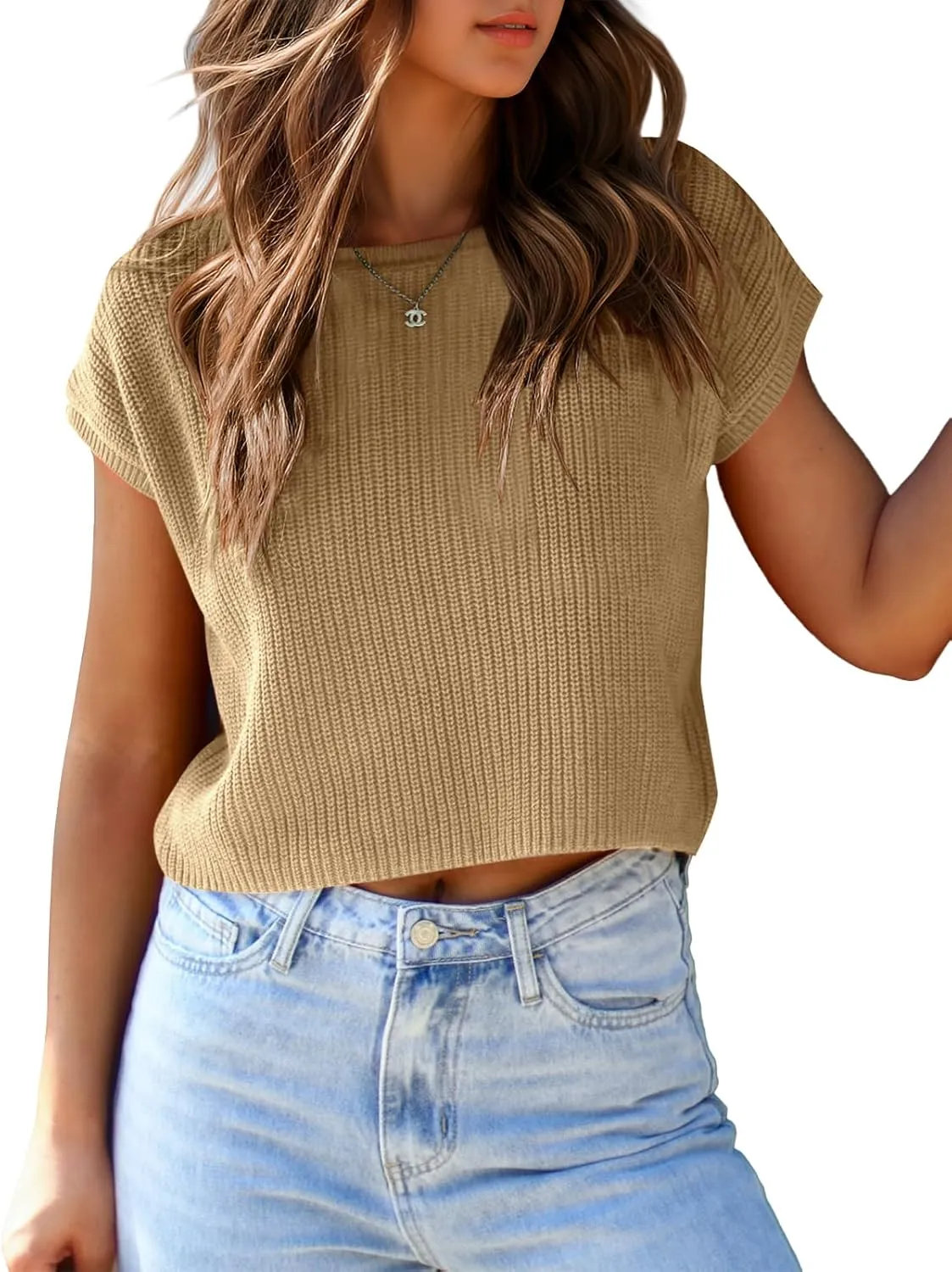Saodimallsu Womens Cap Sleeve Crop Tops Summer Trendy Going Out Crew Neck Loose Knit Cropped Sweater Vest Tank Top
