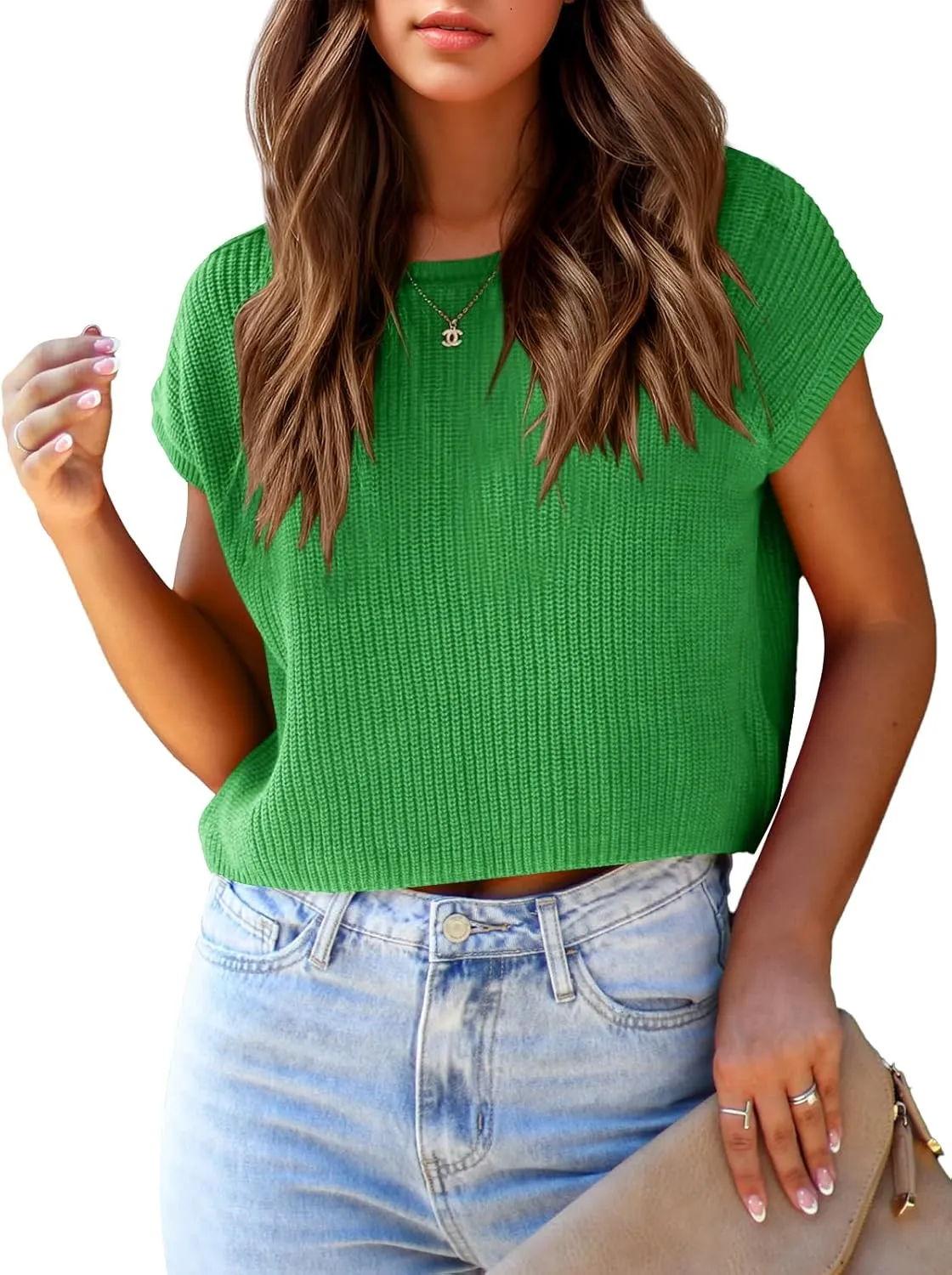 Saodimallsu Womens Cap Sleeve Crop Tops Summer Trendy Going Out Crew Neck Loose Knit Cropped Sweater Vest Tank Top