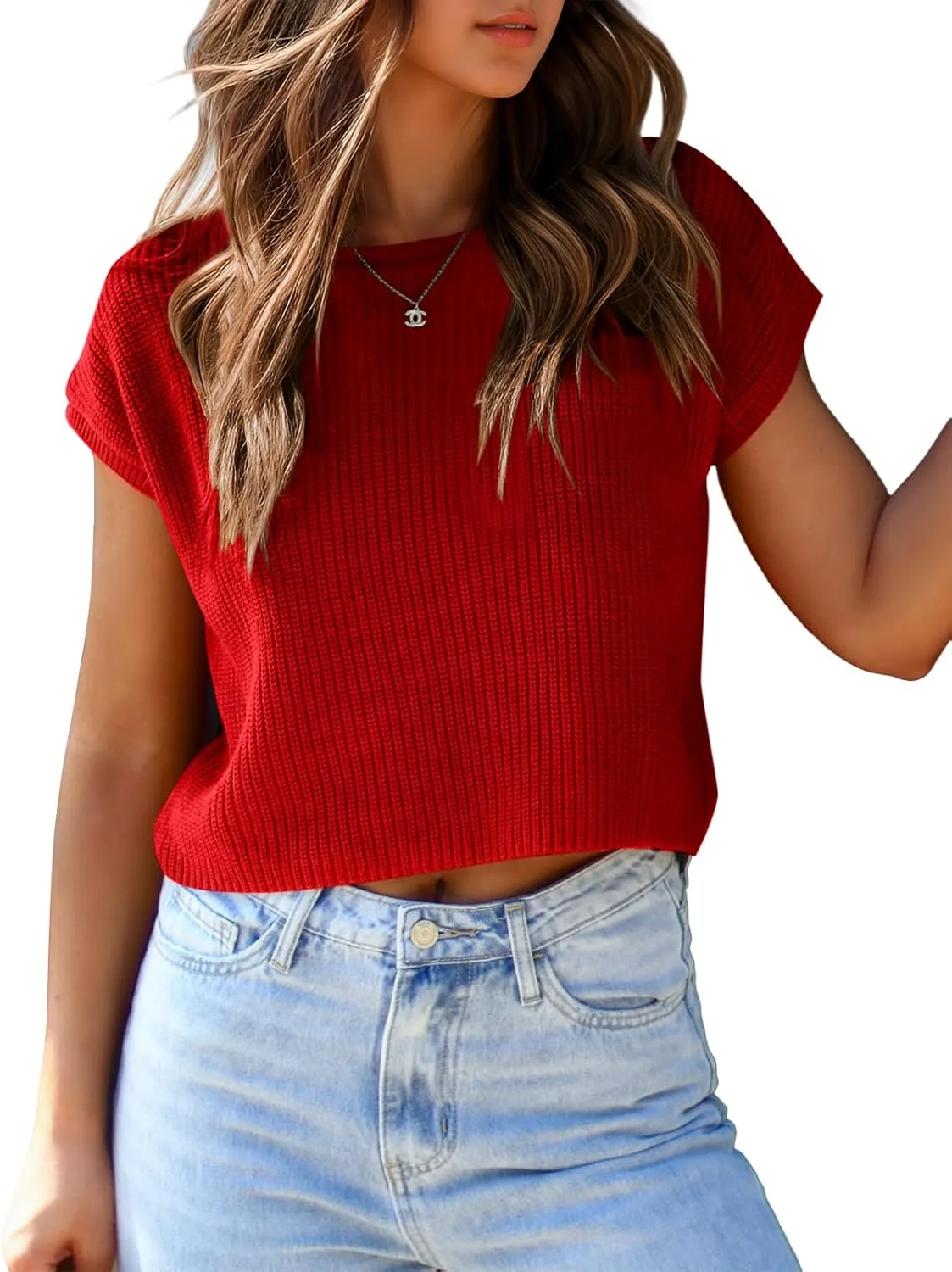 Saodimallsu Womens Cap Sleeve Crop Tops Summer Trendy Going Out Crew Neck Loose Knit Cropped Sweater Vest Tank Top