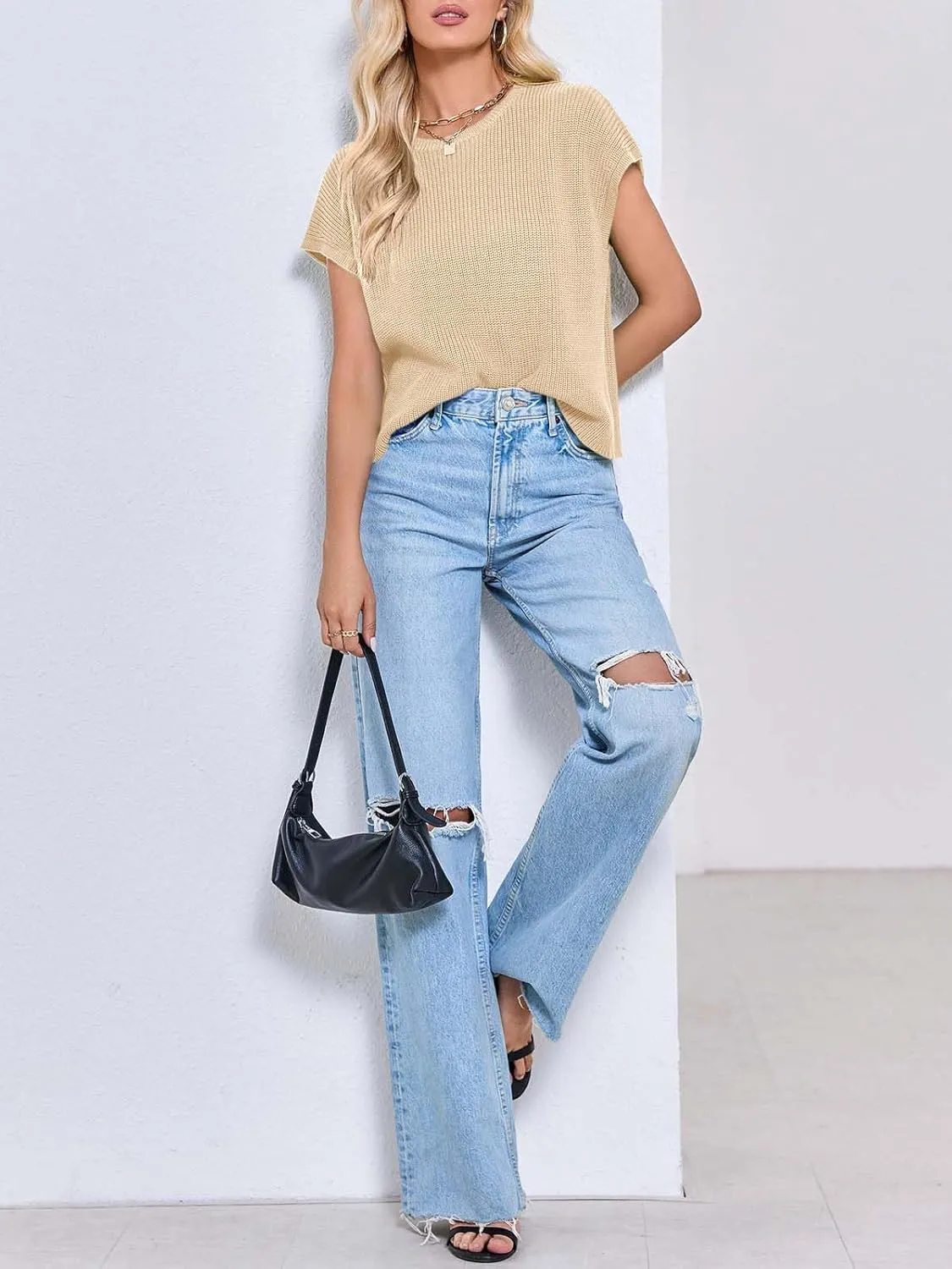 Saodimallsu Womens Cap Sleeve Crop Tops Summer Trendy Going Out Crew Neck Loose Knit Cropped Sweater Vest Tank Top