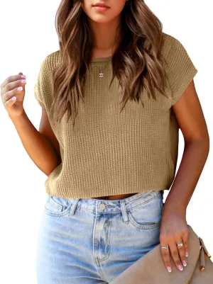 Saodimallsu Womens Cap Sleeve Crop Tops Summer Trendy Going Out Crew Neck Loose Knit Cropped Sweater Vest Tank Top