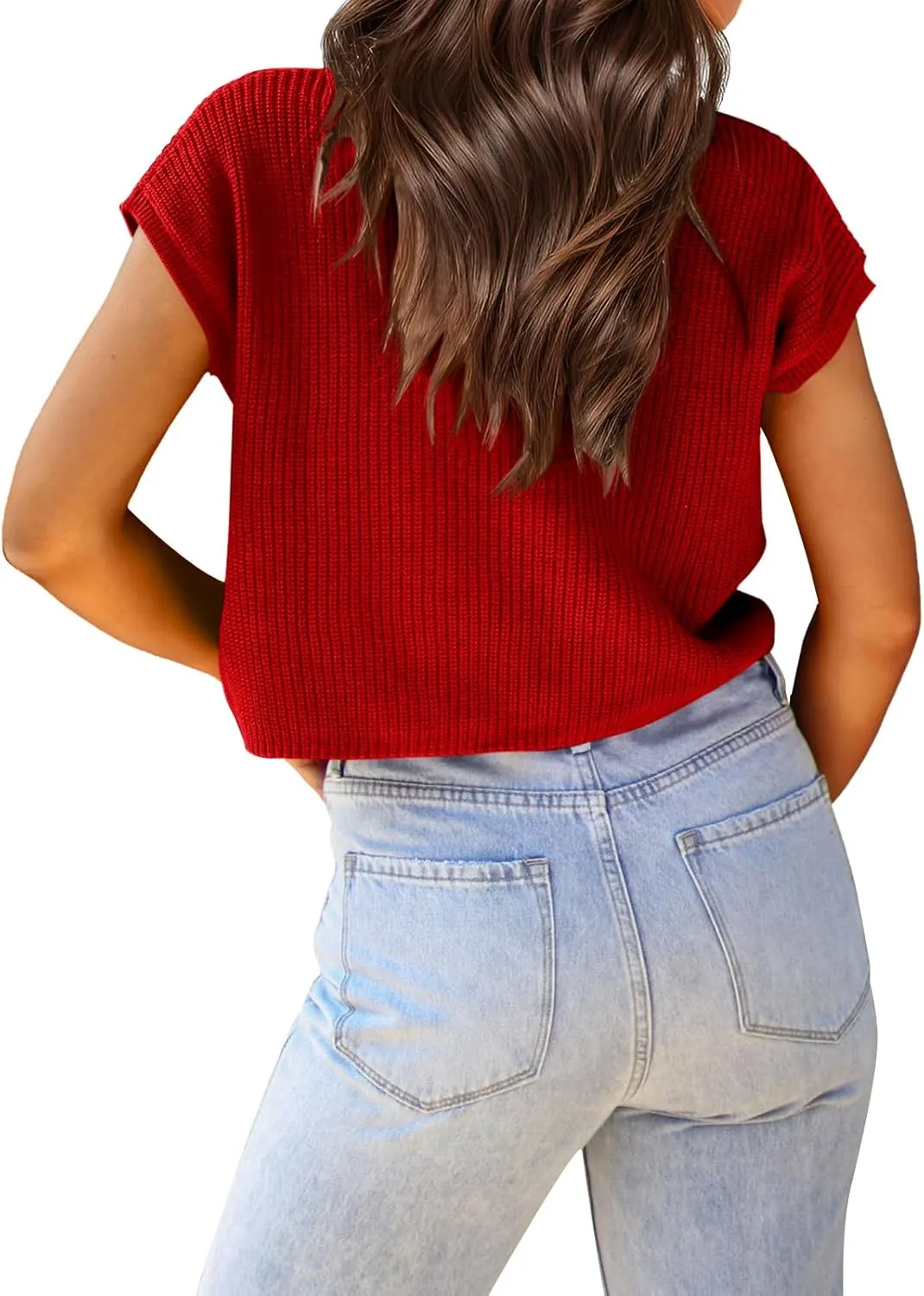 Saodimallsu Womens Cap Sleeve Crop Tops Summer Trendy Going Out Crew Neck Loose Knit Cropped Sweater Vest Tank Top
