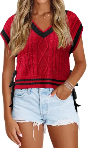 Saodimallsu Womens Cap Sleeve Cropped Sweater Vest V Neck Color Block Cable Knit Bow Side Tie Loose Crop Tank Tops