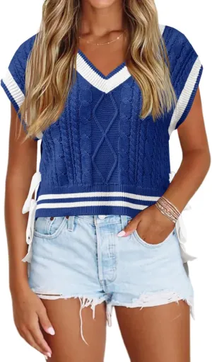 Saodimallsu Womens Cap Sleeve Cropped Sweater Vest V Neck Color Block Cable Knit Bow Side Tie Loose Crop Tank Tops