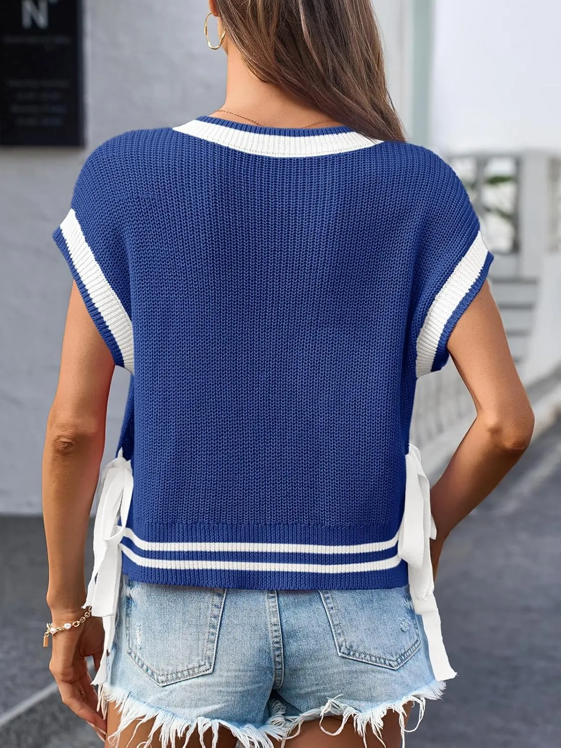 Saodimallsu Womens Cap Sleeve Cropped Sweater Vest V Neck Color Block Cable Knit Bow Side Tie Loose Crop Tank Tops