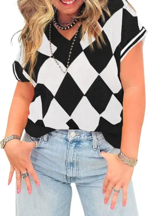Saodimallsu Womens Cap Sleeve Summer Tops V Neck Checkered Color Block Argyle Plaid Loose Knit Sweater Vest