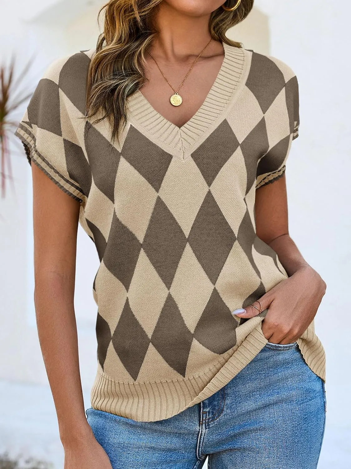 Saodimallsu Womens Cap Sleeve Summer Tops V Neck Checkered Color Block Argyle Plaid Loose Knit Sweater Vest