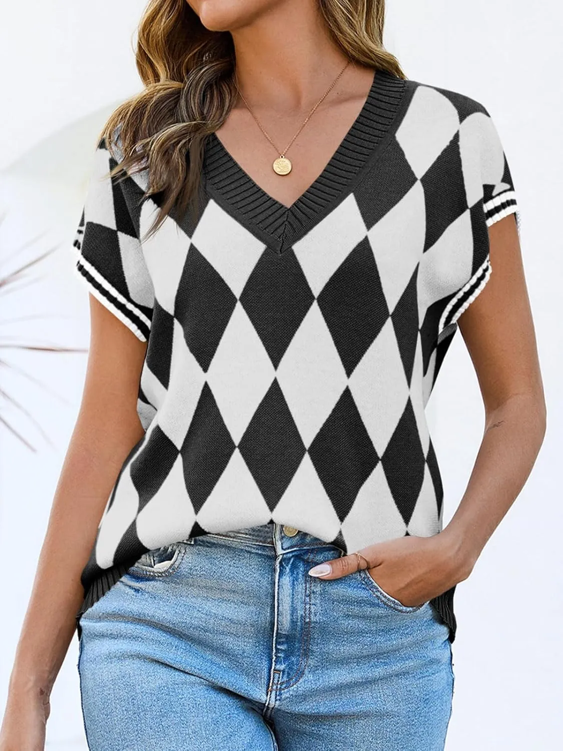 Saodimallsu Womens Cap Sleeve Summer Tops V Neck Checkered Color Block Argyle Plaid Loose Knit Sweater Vest
