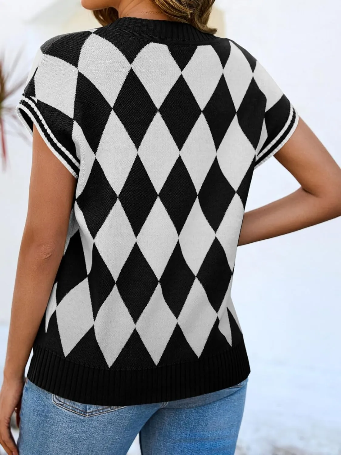 Saodimallsu Womens Cap Sleeve Summer Tops V Neck Checkered Color Block Argyle Plaid Loose Knit Sweater Vest