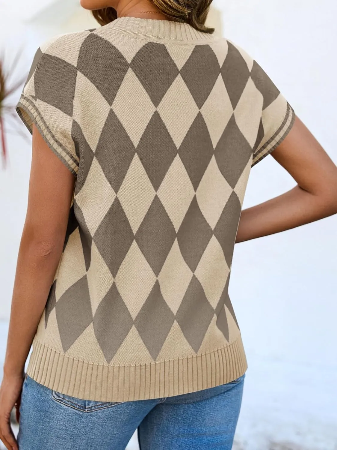 Saodimallsu Womens Cap Sleeve Summer Tops V Neck Checkered Color Block Argyle Plaid Loose Knit Sweater Vest