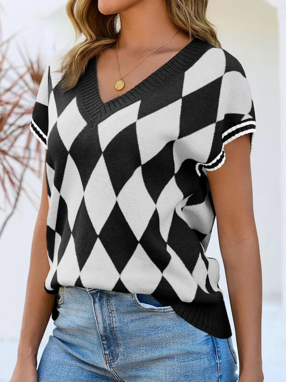 Saodimallsu Womens Cap Sleeve Summer Tops V Neck Checkered Color Block Argyle Plaid Loose Knit Sweater Vest