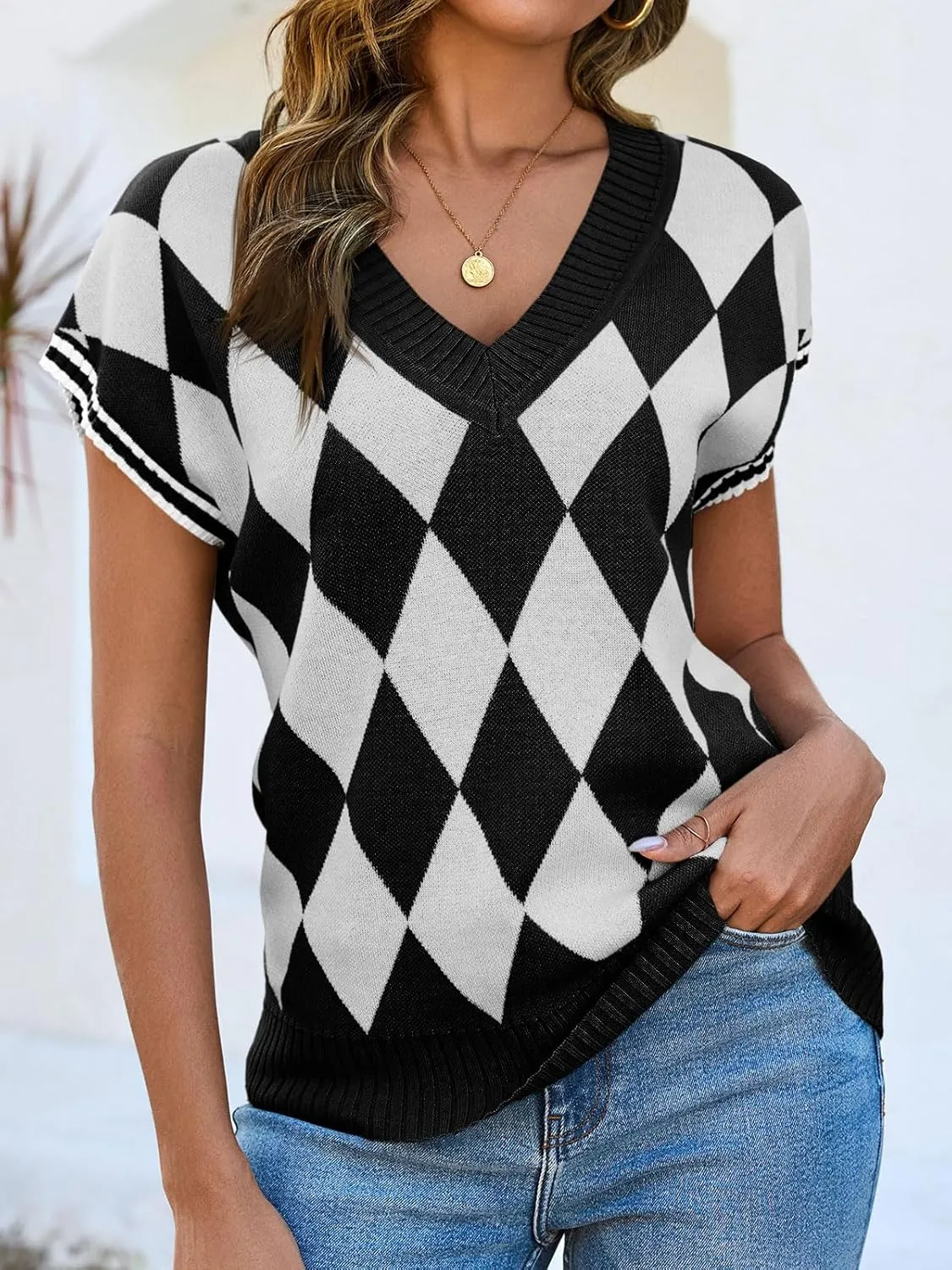 Saodimallsu Womens Cap Sleeve Summer Tops V Neck Checkered Color Block Argyle Plaid Loose Knit Sweater Vest