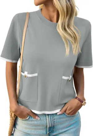 Saodimallsu Womens Short Sleeve Sweater Color Block Crew Neck Summer Crop Tops Loose Casual Knit Shirts with Pockets