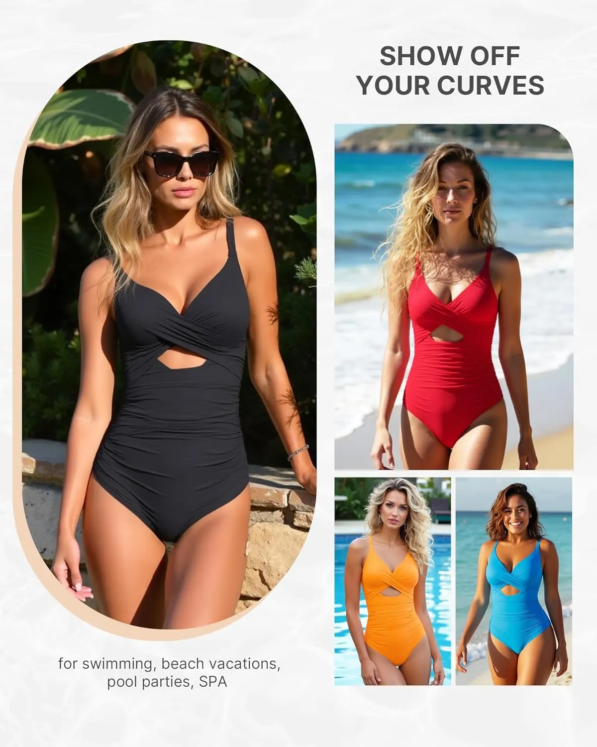 SHAPELLX Tummy Control Swimsuits Women V Neck One Piece Bathing Suit Ruched Push Up Slimming Swimwear Built-in Bra