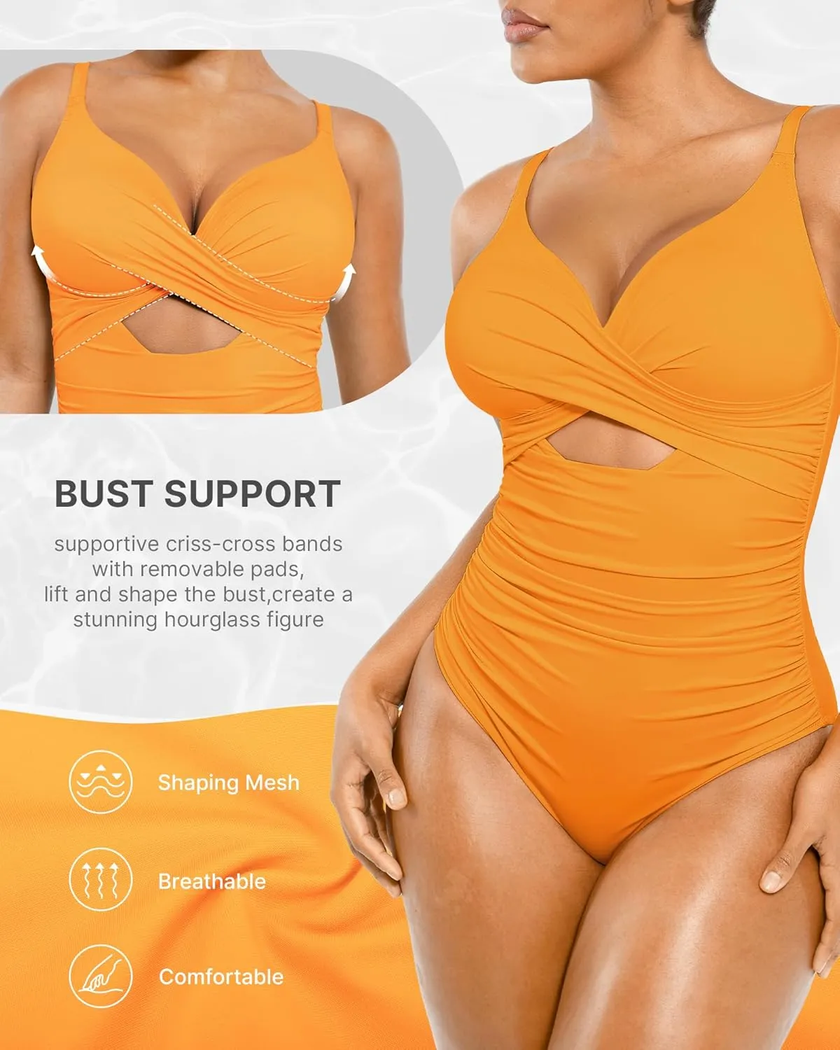 SHAPELLX Tummy Control Swimsuits Women V Neck One Piece Bathing Suit Ruched Push Up Slimming Swimwear Built-in Bra