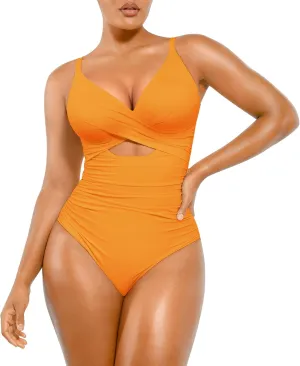 SHAPELLX Tummy Control Swimsuits Women V Neck One Piece Bathing Suit Ruched Push Up Slimming Swimwear Built-in Bra