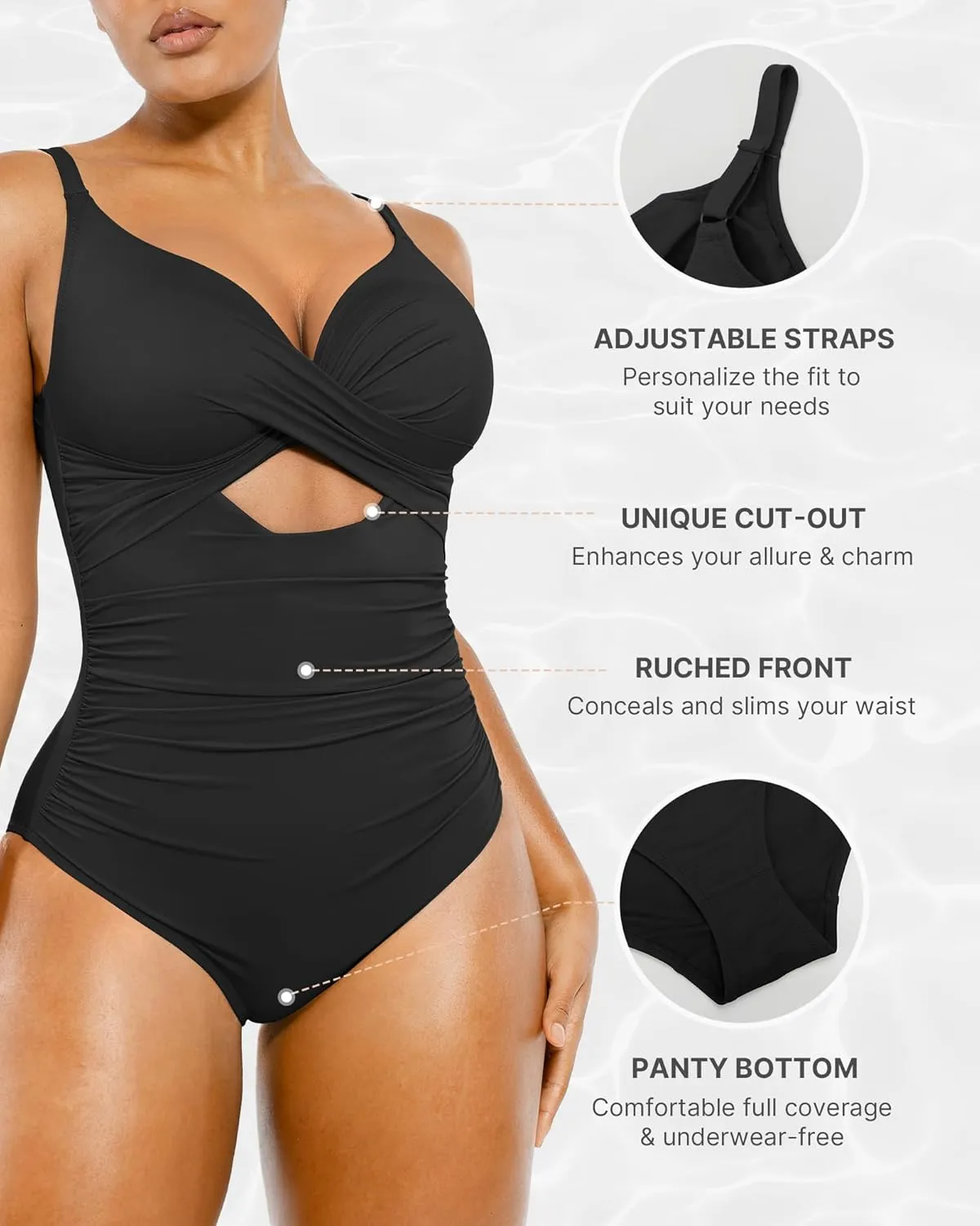 SHAPELLX Tummy Control Swimsuits Women V Neck One Piece Bathing Suit Ruched Push Up Slimming Swimwear Built-in Bra