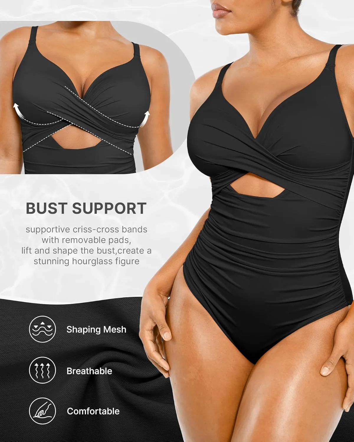 SHAPELLX Tummy Control Swimsuits Women V Neck One Piece Bathing Suit Ruched Push Up Slimming Swimwear Built-in Bra