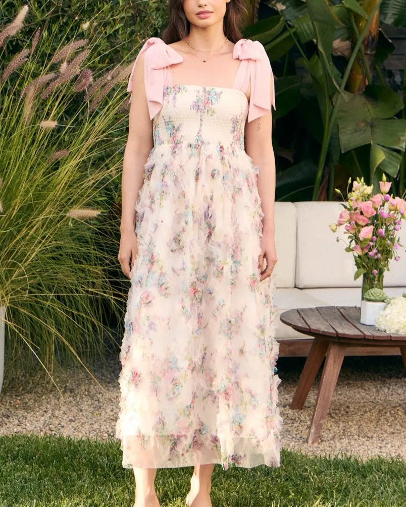 Shoulder Tie Floral Midi Dress - Dusty Rose