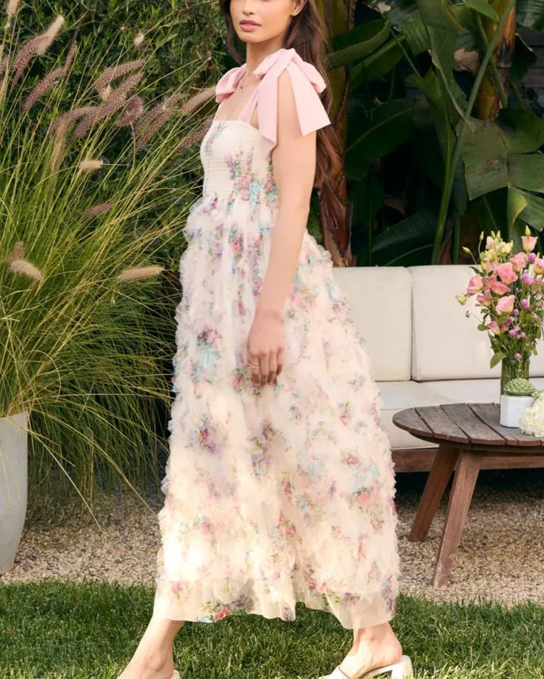 Shoulder Tie Floral Midi Dress - Dusty Rose