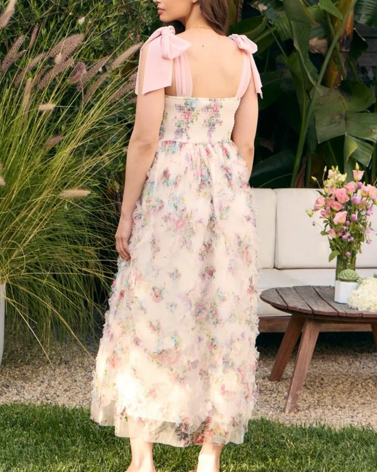 Shoulder Tie Floral Midi Dress - Dusty Rose
