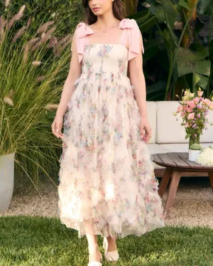 Shoulder Tie Floral Midi Dress - Dusty Rose
