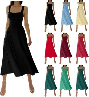 Sleeveless Dresses For Women 2025 Square Neck Slim Fit Waisted Flowy Swing Long Dress Solid Elegant Party Sundress