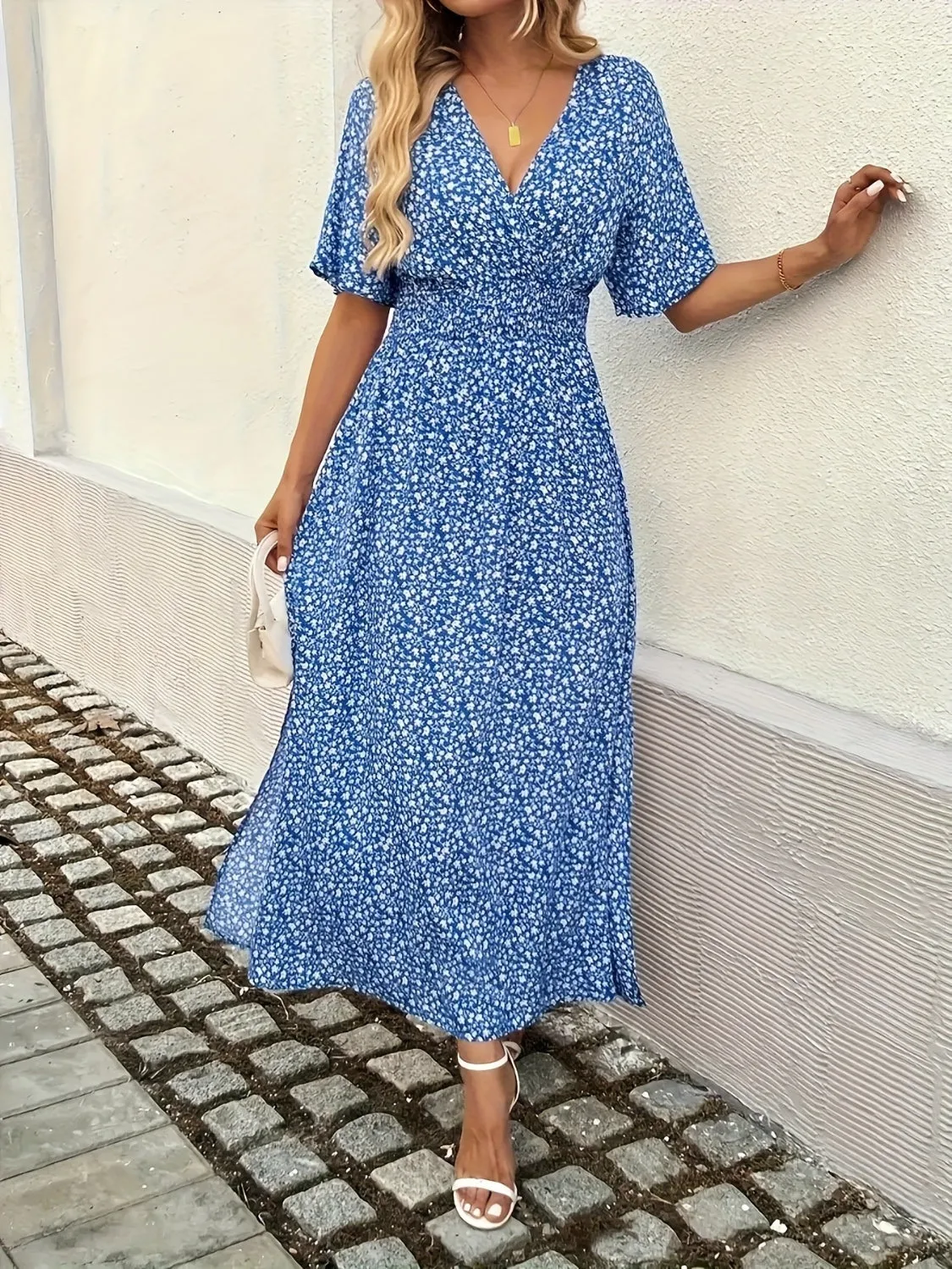 Slit Ditsy Floral Surplice Short Sleeve Maxi Dress