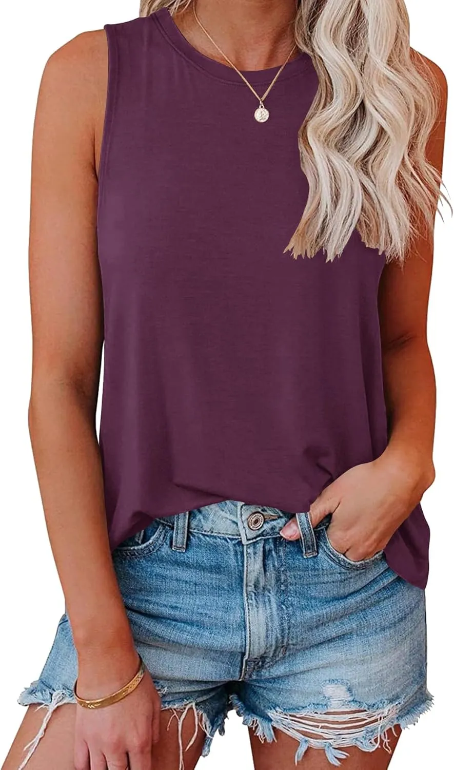 Smile Fish Women Crewneck Flowy Loose Fit Tank Top Sleeveless Summer Tops Shirts