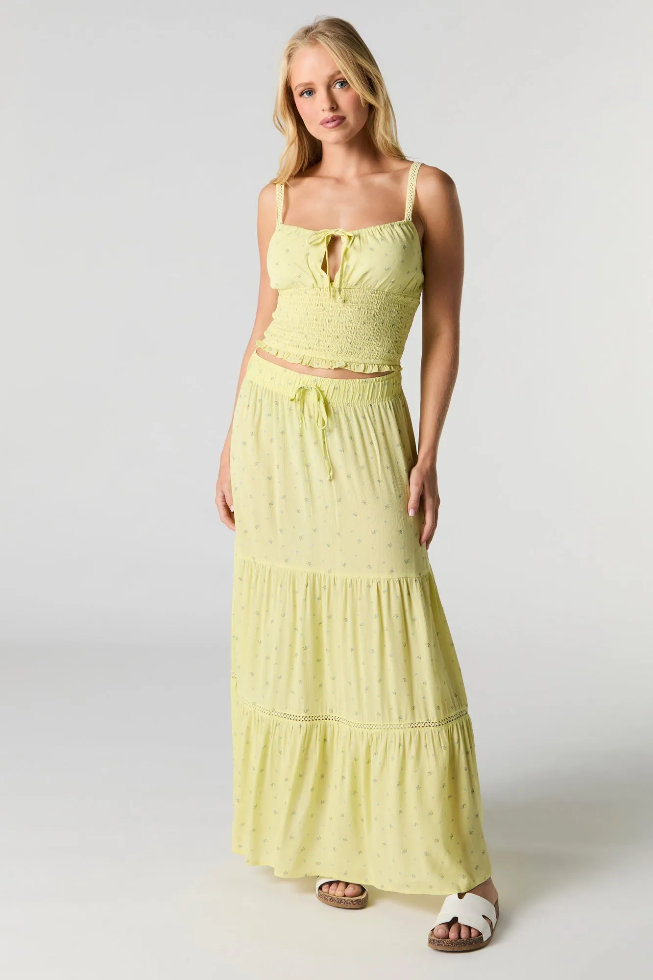 Smocked Tie Front Cropped Cami