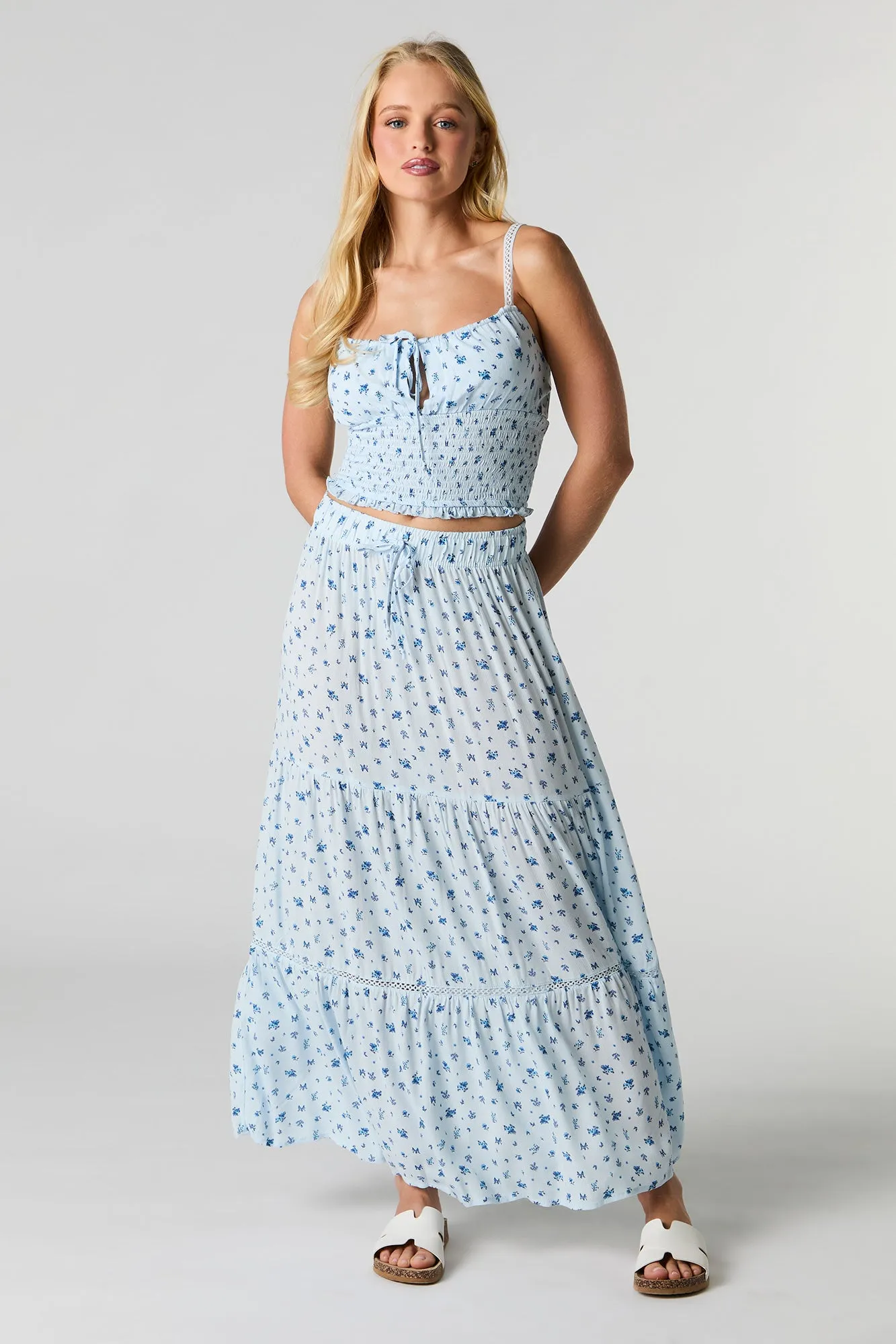 Smocked Tie Front Cropped Cami