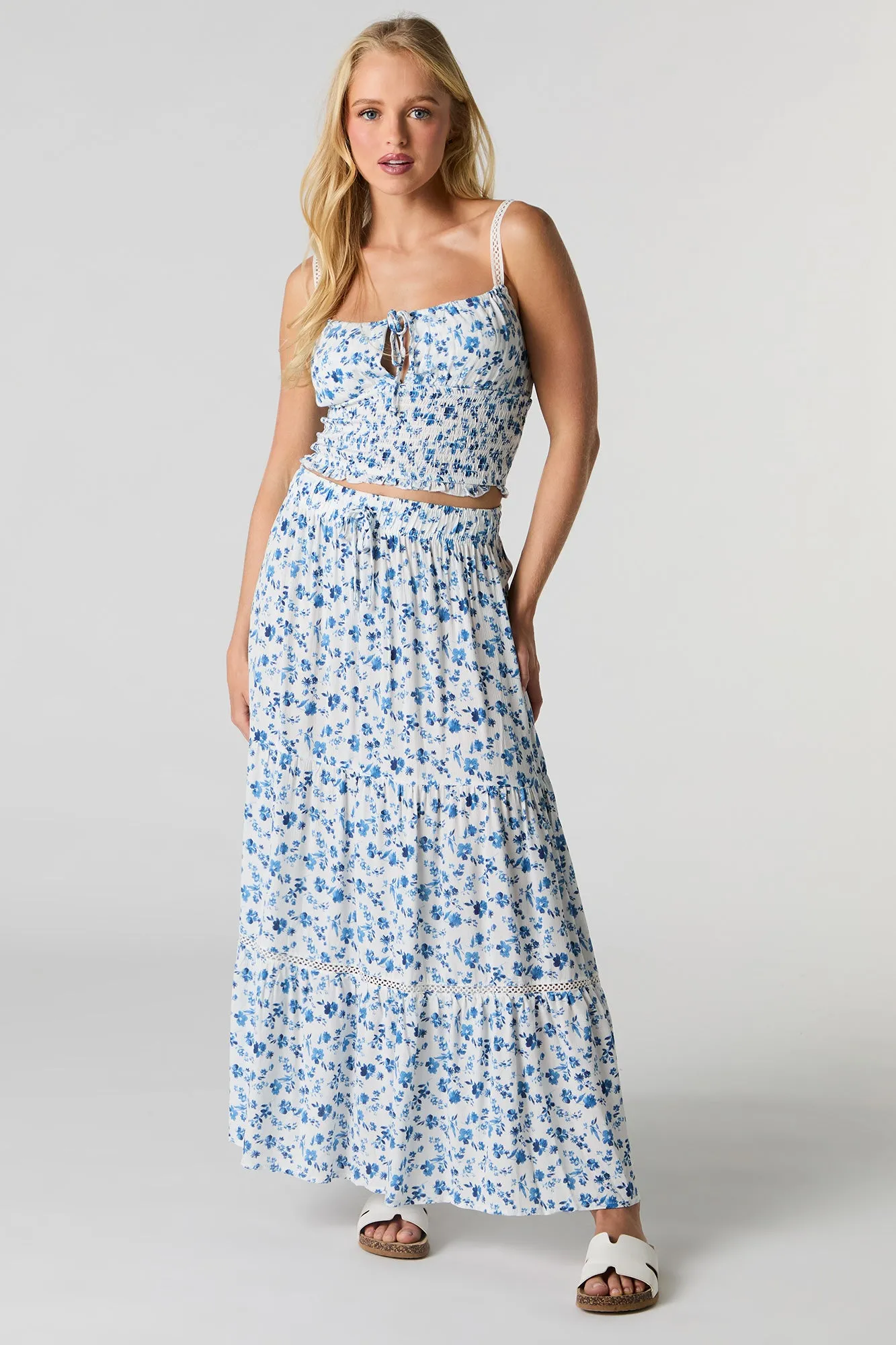 Smocked Tie Front Cropped Cami