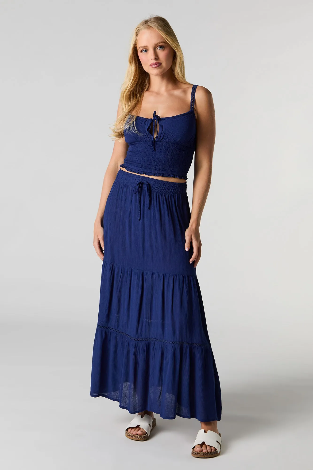 Smocked Tie Front Cropped Cami